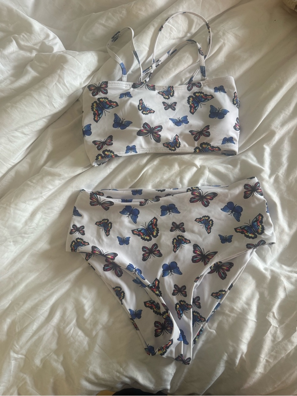 White Butterfly Print High Waisted Bikini Set